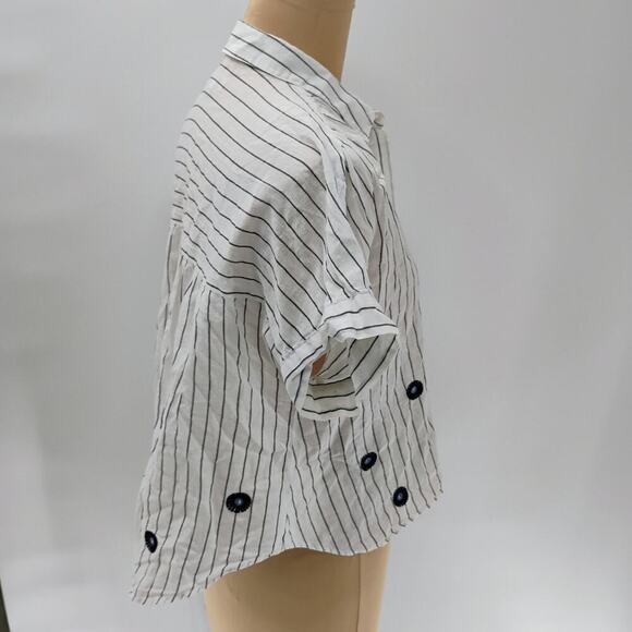 Sz S Madewell Striped Embroidered Button Up Blouse Top Short Sleeve white - Picture 11 of 16